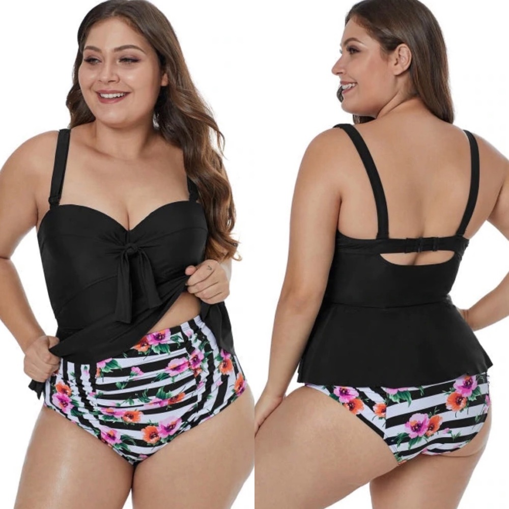 Black Ruffled Tankini with Floral Panty